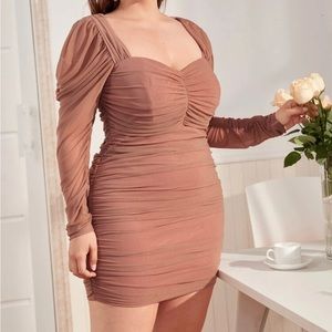 Mauve/Blushed Pink Ruched Sheer Long Sleeve Dress